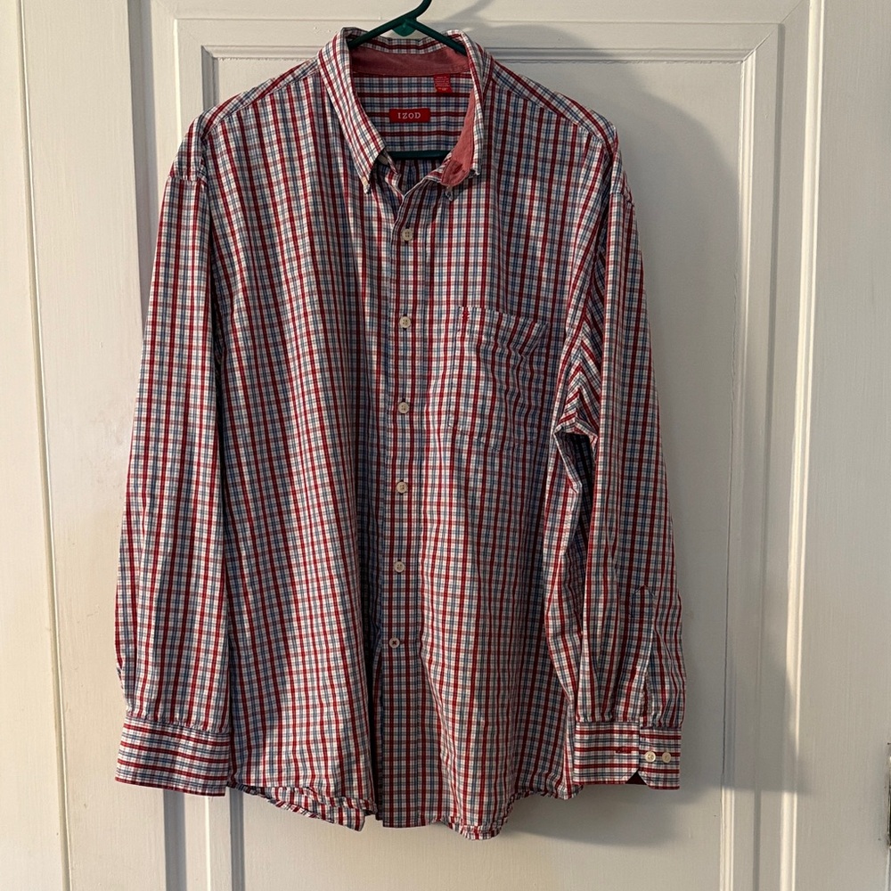 Izod Men's Checkered Red White and Blue Casual Shirt